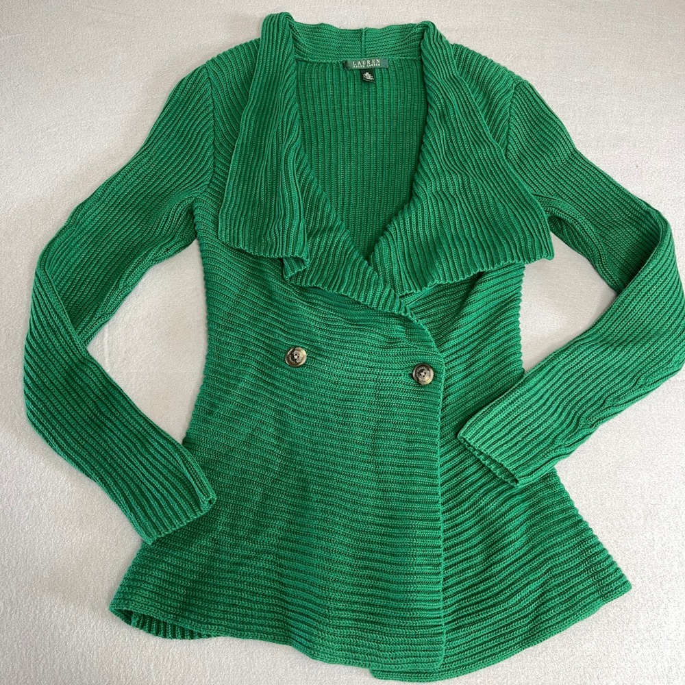 Lauren Ralph Lauren Green Cable Knit Cardigan Shawl‎ Collar Preppy